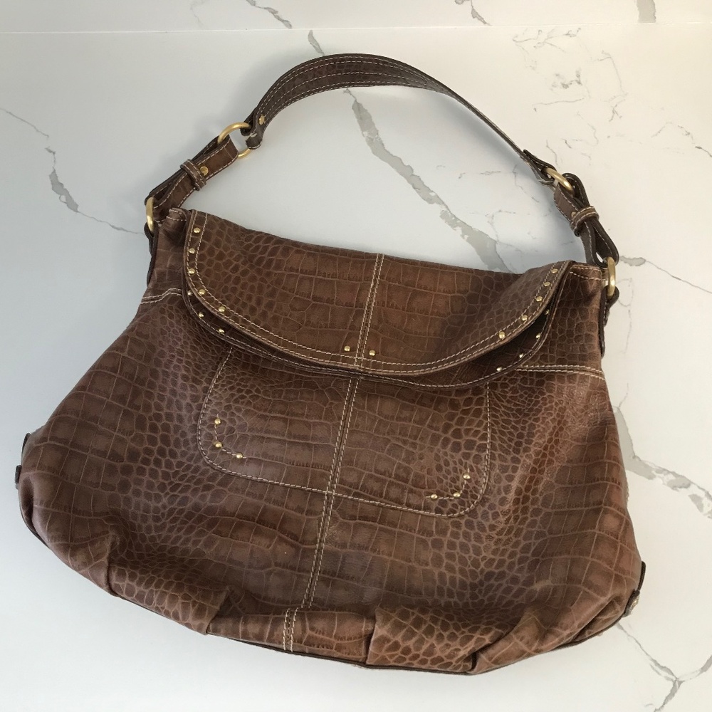 Max New York Fold Over Hobo Brown Croc Embossed Leather Handbag Purse
